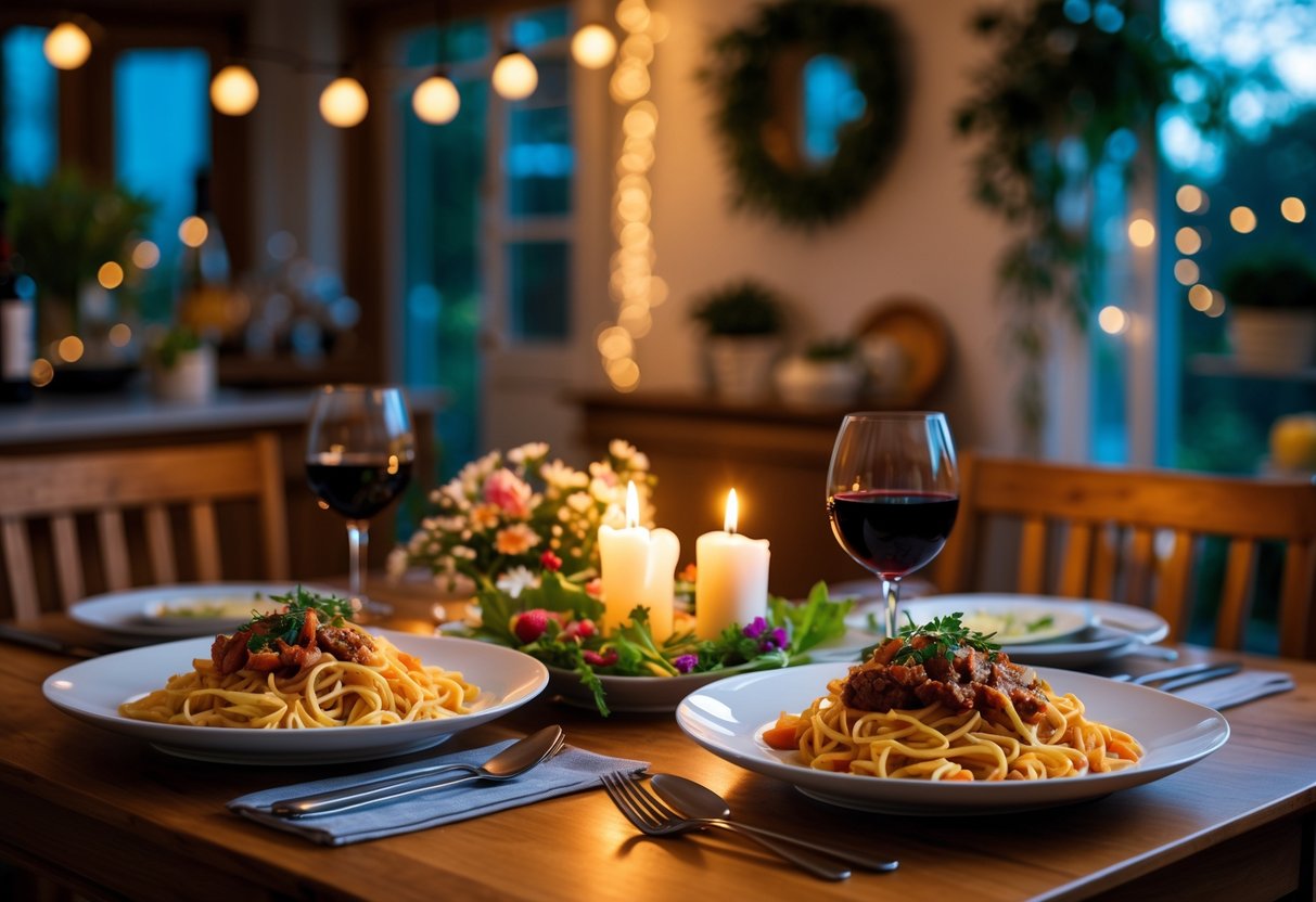 A cozy dining table set for two with home-cooked meals, candles, and wine in a softly lit room.