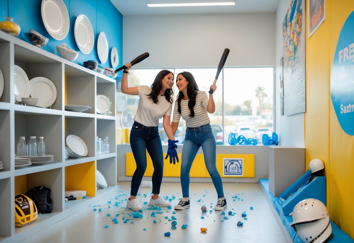 A young couple holding baseball bats in a bright indoor anger release room with breakable objects and safety gear, preparing to smash items together.