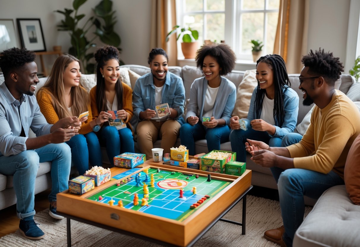 A group of friends playing board games together around a coffee table in a cozy living room.