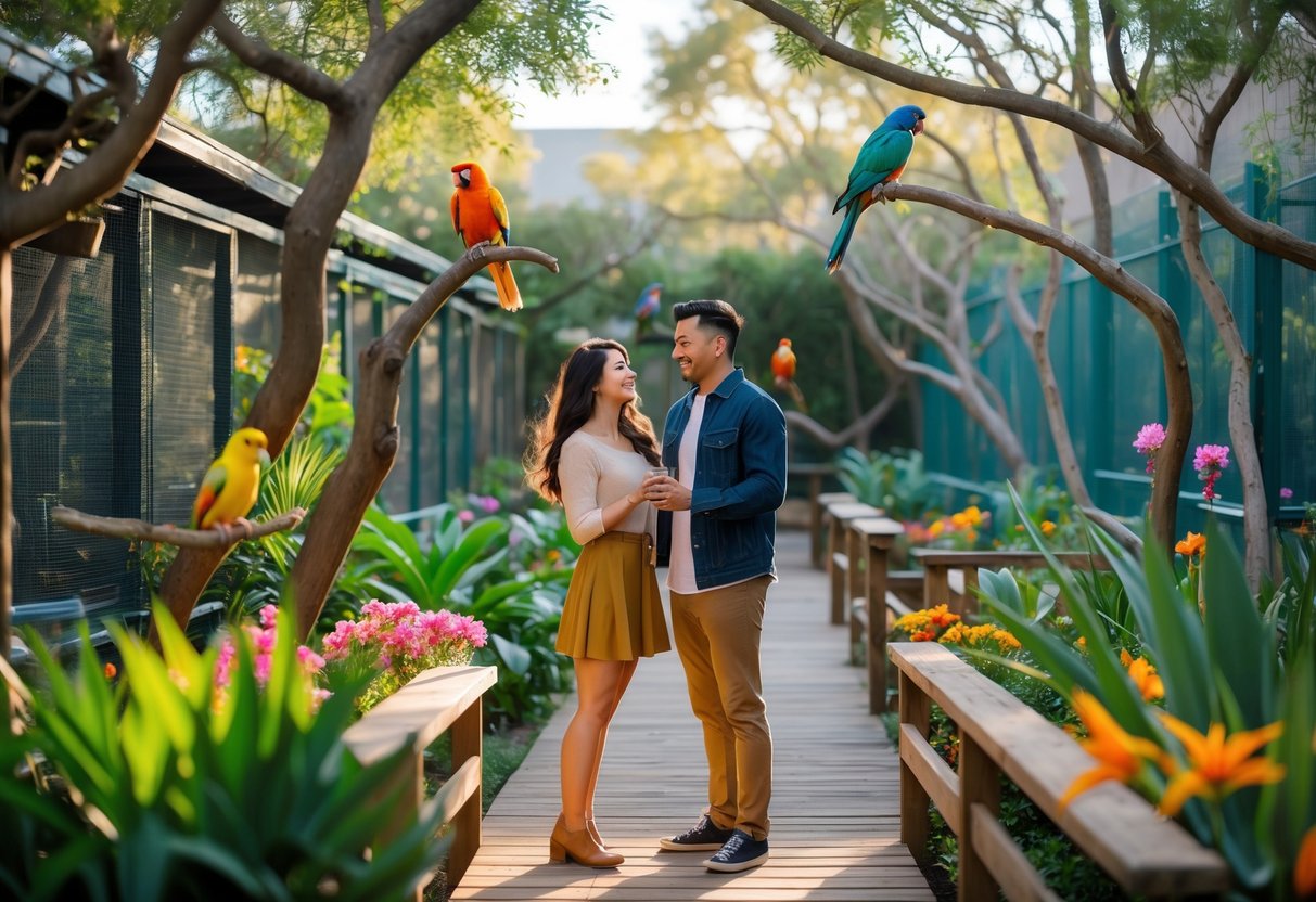 A young couple enjoying a date surrounded by colorful birds and greenery at an outdoor aviary.