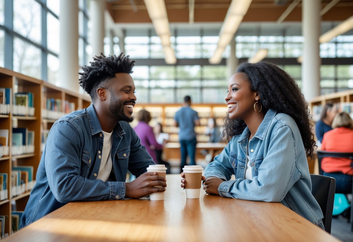 A young couple sitting at a table in a public library, smiling and talking, with bookshelves and other people in the background.