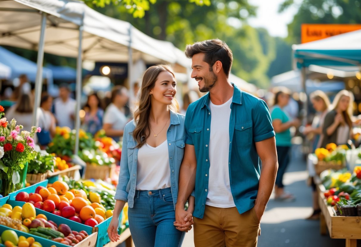 A young couple walking hand in hand through a busy farmers' market with colorful stalls of fresh produce and flowers around them.