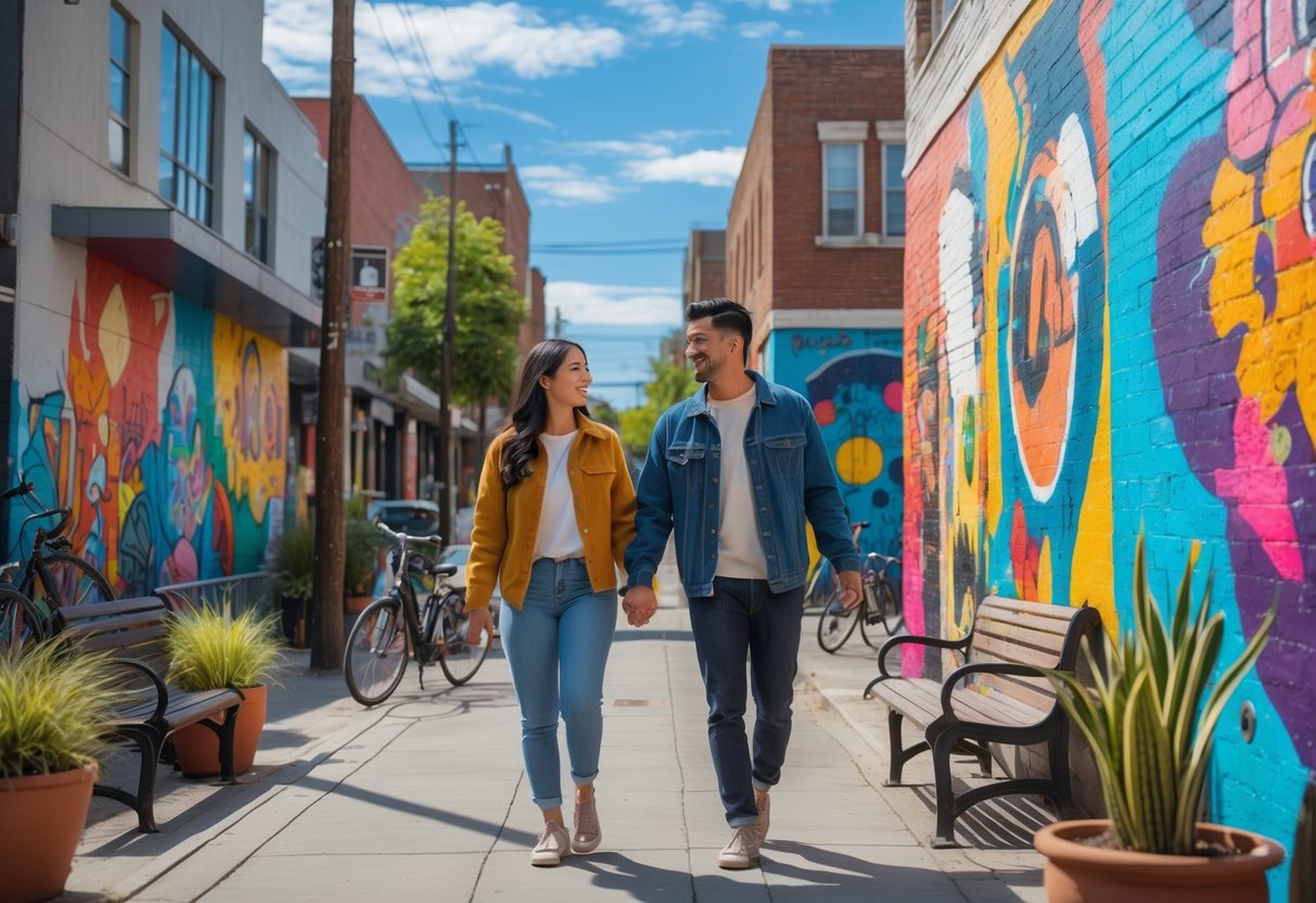 A young couple walking along a street lined with colorful street art murals, enjoying a sunny day outdoors.