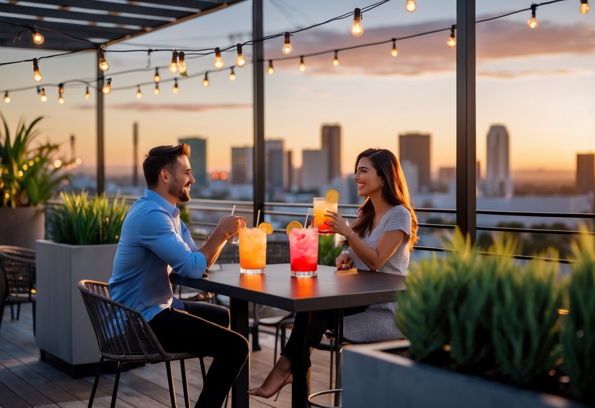 A couple enjoying cocktails together at a rooftop bar with a city skyline in the background at sunset.