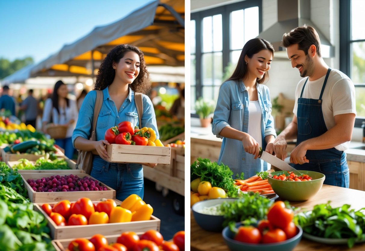 A young couple shopping for fresh vegetables at a farmer's market and cooking together in a bright kitchen.