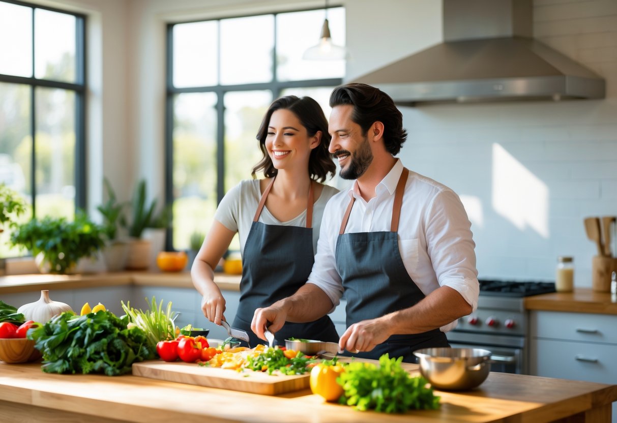 A couple cooking together in a bright kitchen, smiling and preparing food on a countertop.