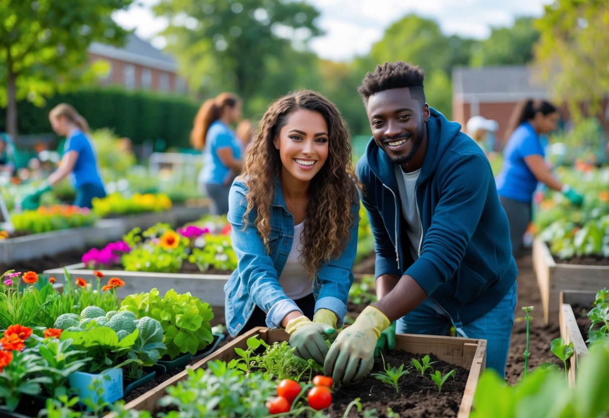 A young couple planting flowers together in a community garden on a sunny day.