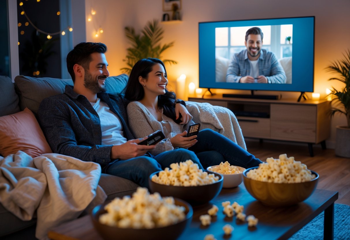 A couple sitting on a sofa enjoying a movie night at home with popcorn and a TV in the background.