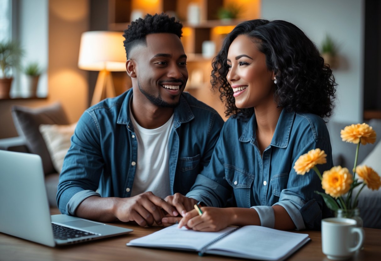 A couple sitting at a table, smiling and planning a weekend date together with a laptop and notebook.