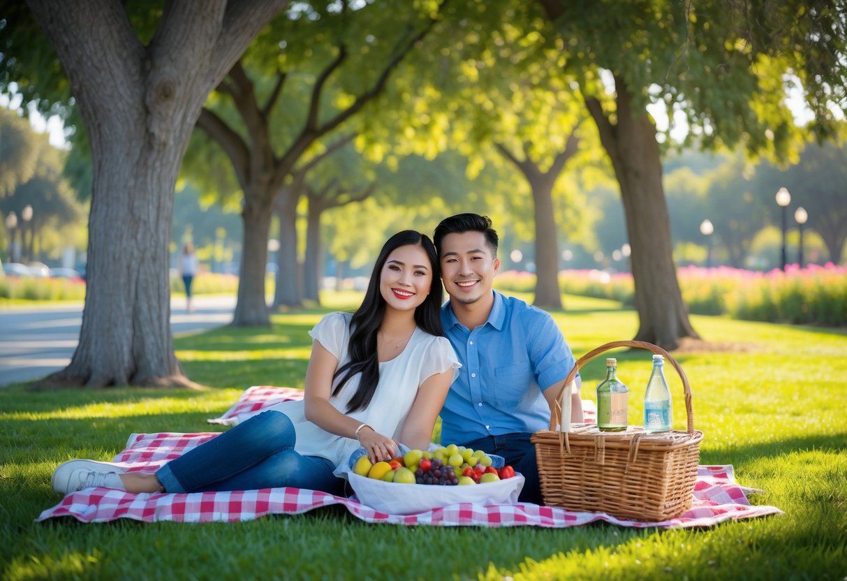 A young couple enjoying a picnic on a blanket in a green park with trees and flowers around them.