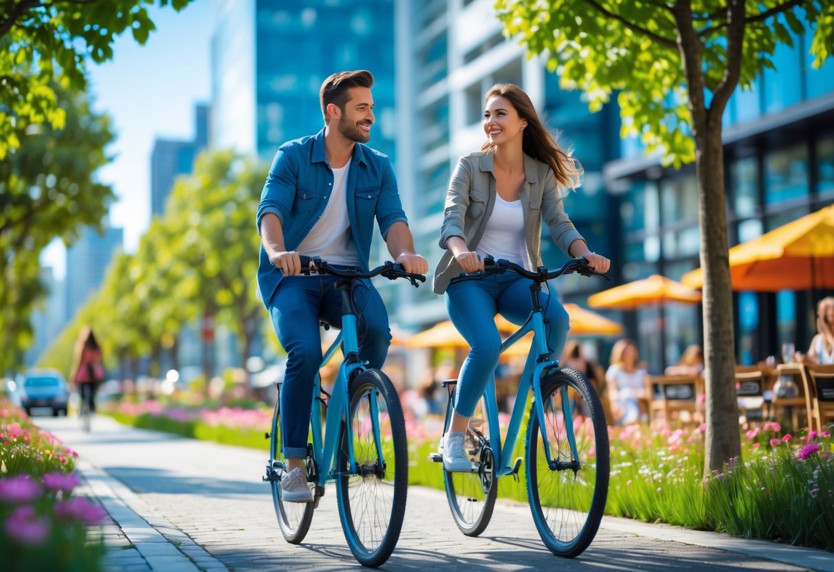 A young couple riding bicycles together on a city bike path surrounded by trees and buildings.