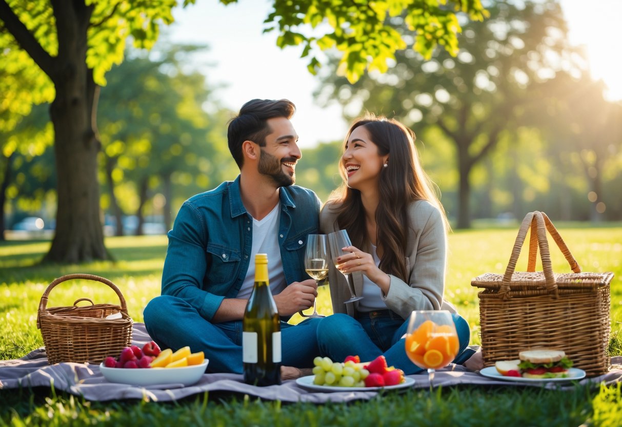 A smiling couple sitting on a picnic blanket in a sunny park enjoying a weekend date with food and drinks.