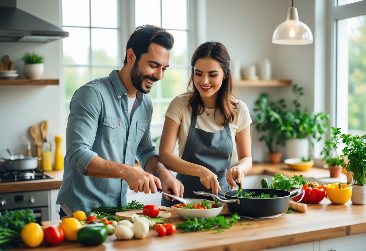 A couple cooking together in a bright kitchen, preparing fresh ingredients and smiling.
