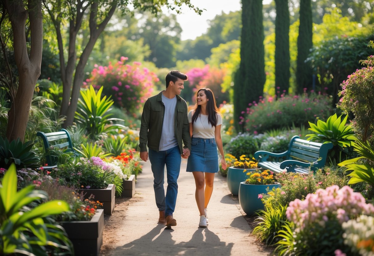 A young couple walking hand-in-hand along a flower-lined path in a botanical garden surrounded by lush greenery and blooming flowers.