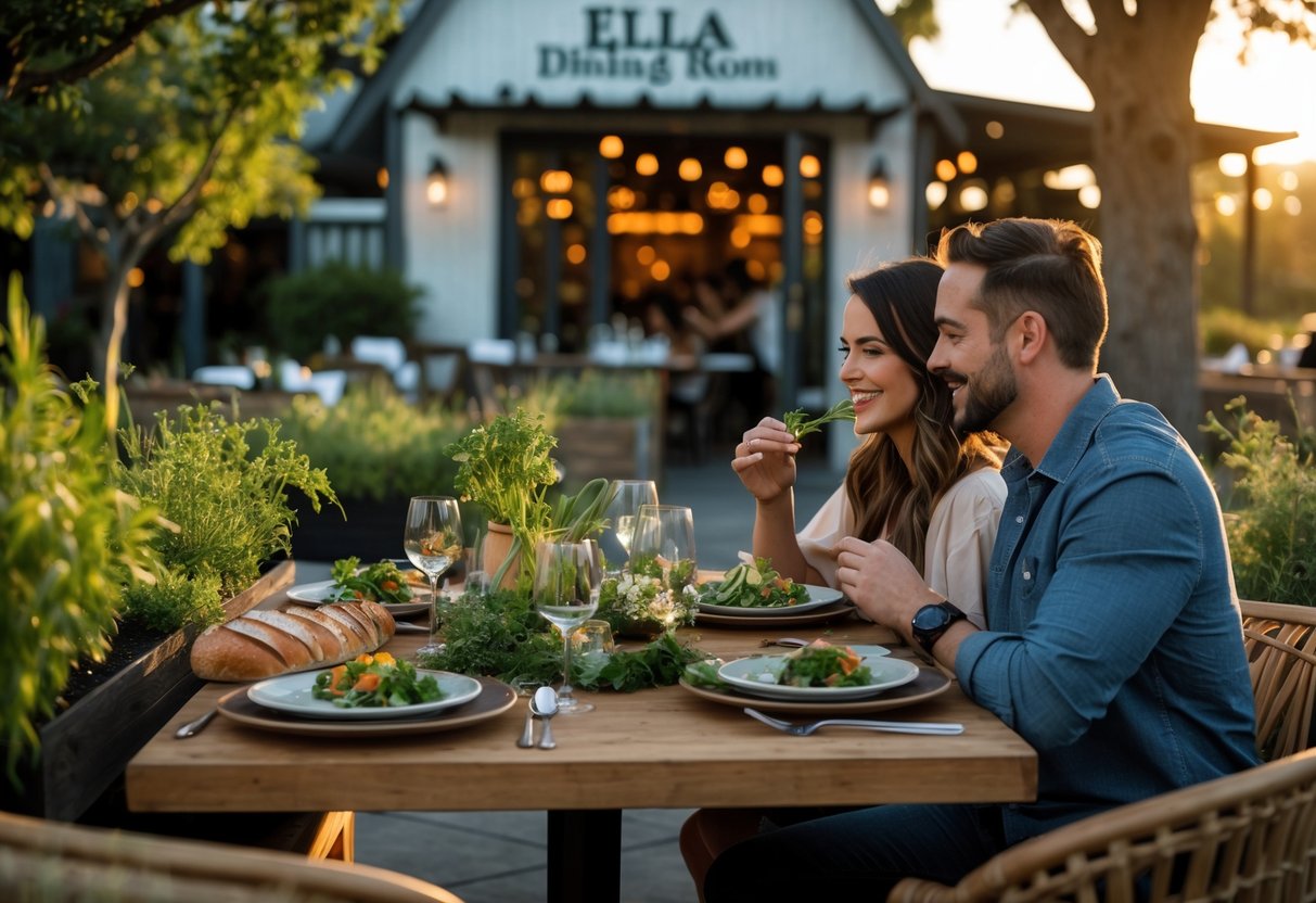 A couple enjoying a meal together at an outdoor table surrounded by greenery during sunset.