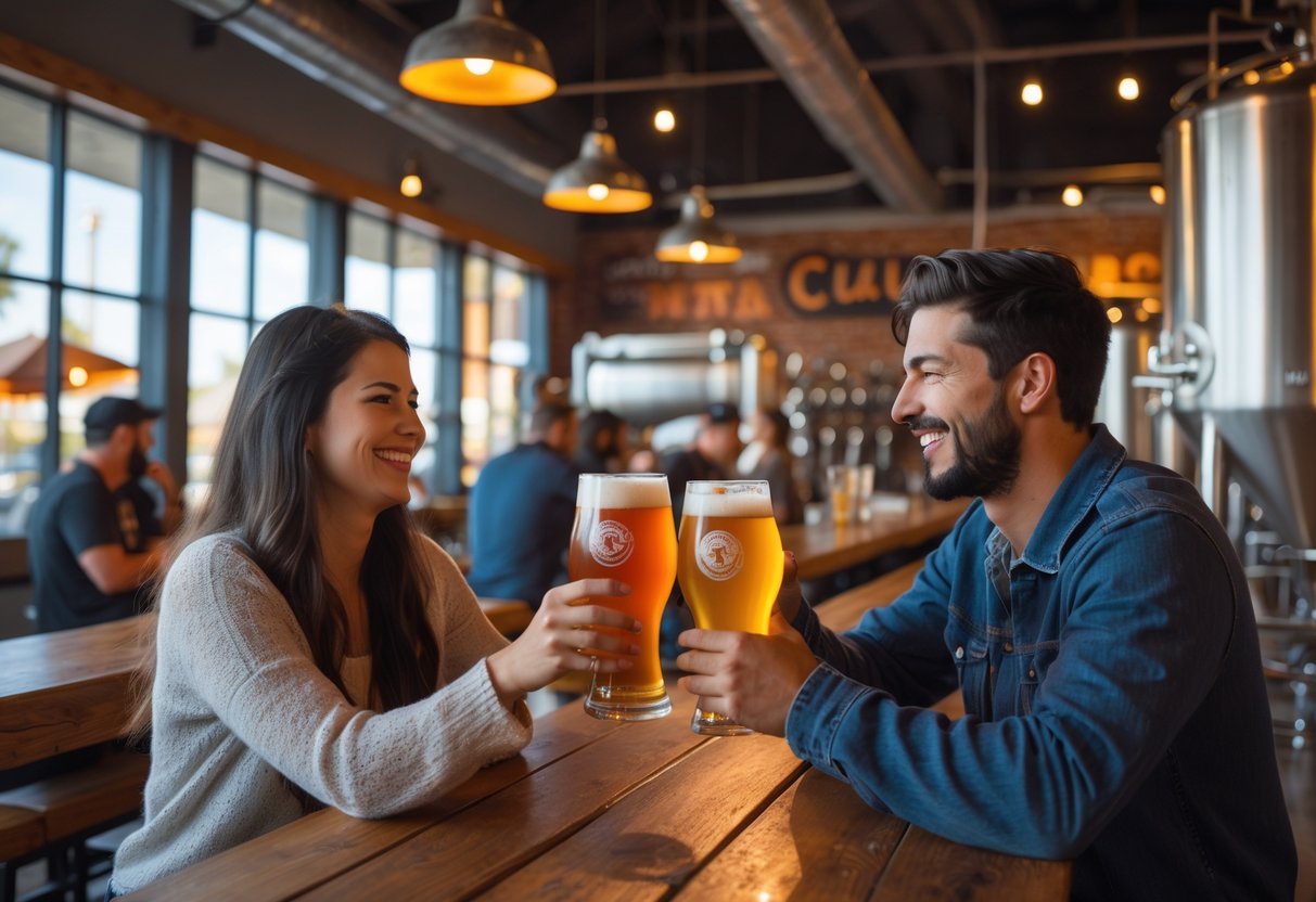 A young couple clinking glasses of craft beer inside a lively brewery with wooden tables and brewing equipment in the background.