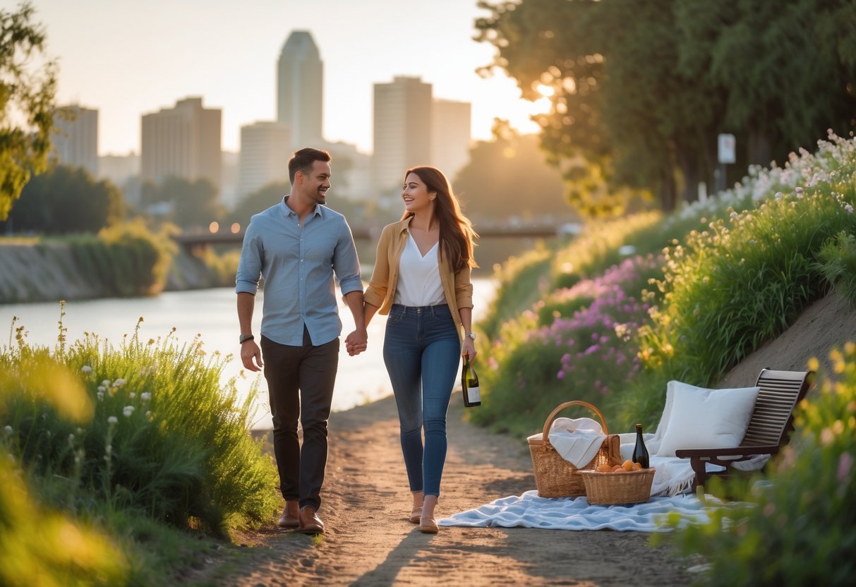 A couple walking hand in hand along a riverside path with the Sacramento city skyline in the background during sunset.