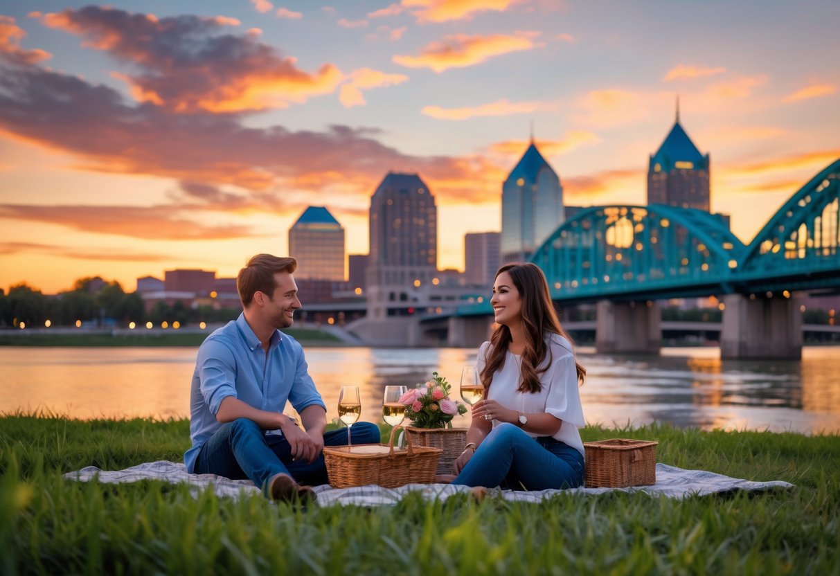 A couple having a picnic by the Ohio River at sunset with the Louisville skyline and Big Four Bridge in the background.
