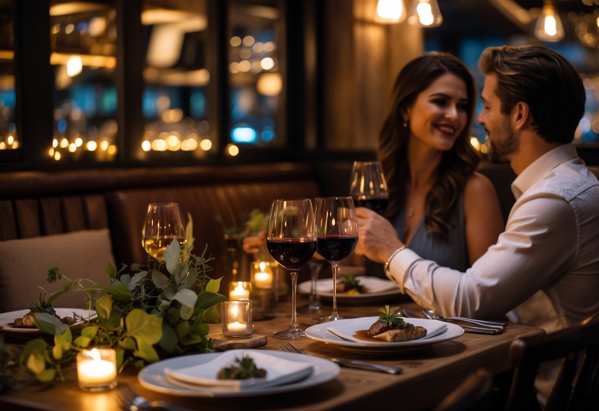 A couple enjoying a cozy dinner at a warmly lit restaurant table with gourmet dishes and wine.