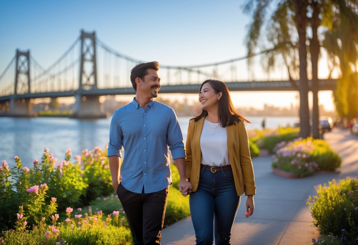 A couple walking hand in hand near the Sacramento Riverfront with the Tower Bridge in the background during sunset.