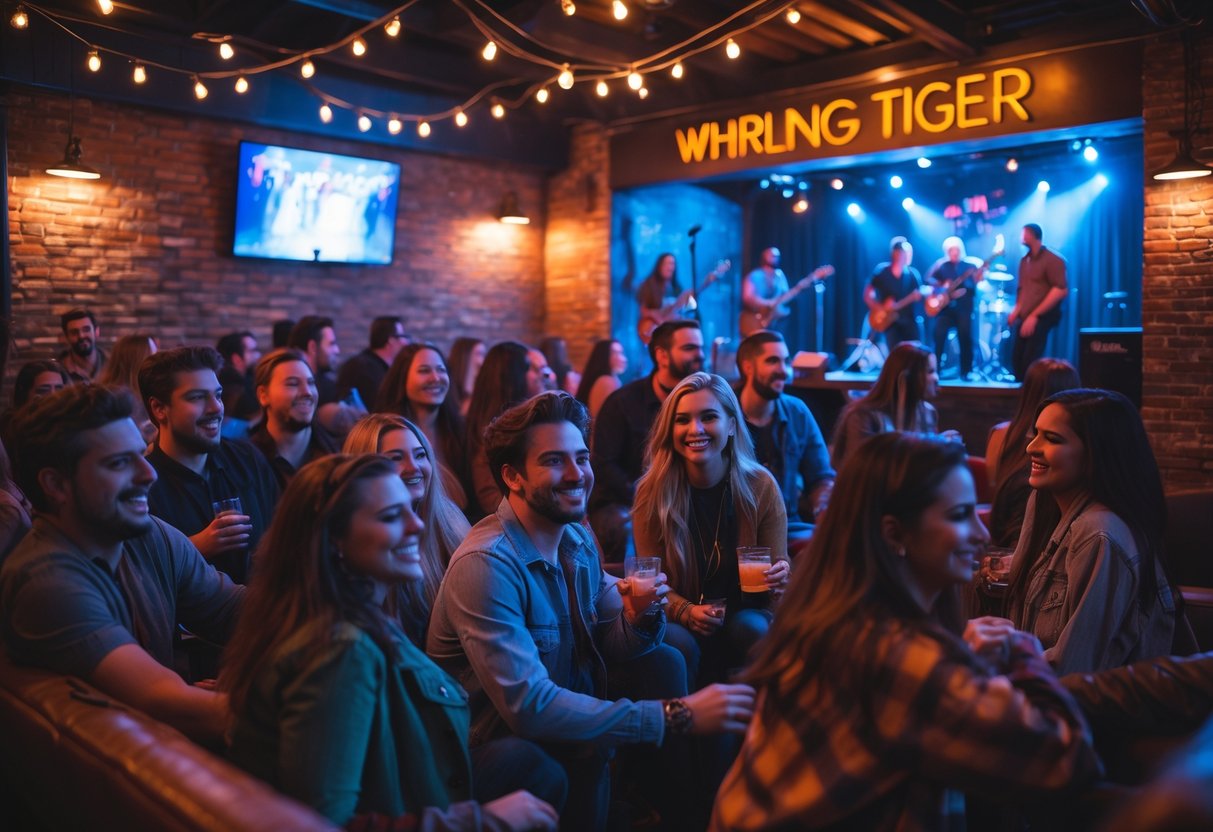 People enjoying a live music performance inside a cozy, well-lit venue with exposed brick walls and string lights.