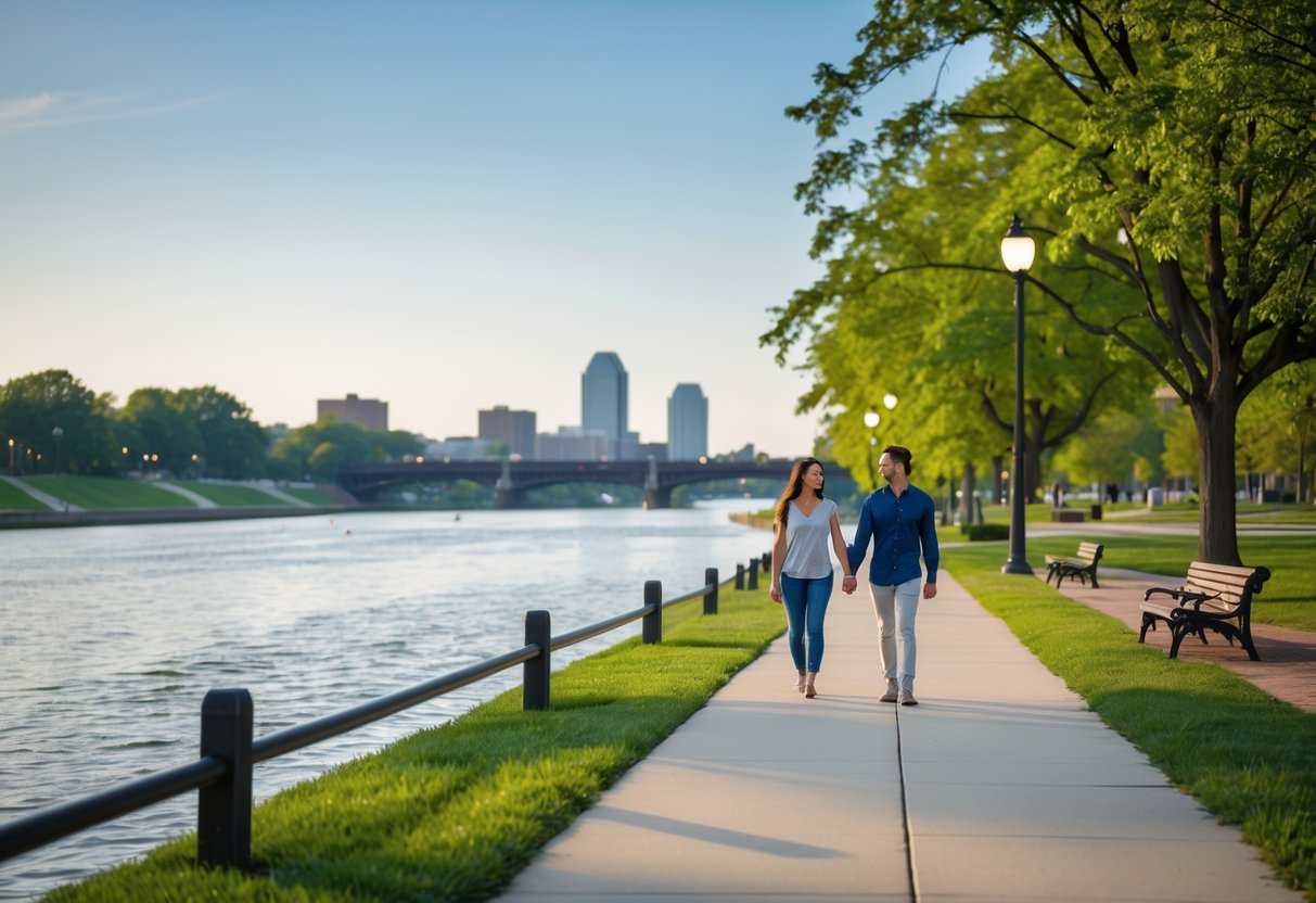 A couple walking hand-in-hand along a riverside park path with trees and the Louisville skyline in the background.