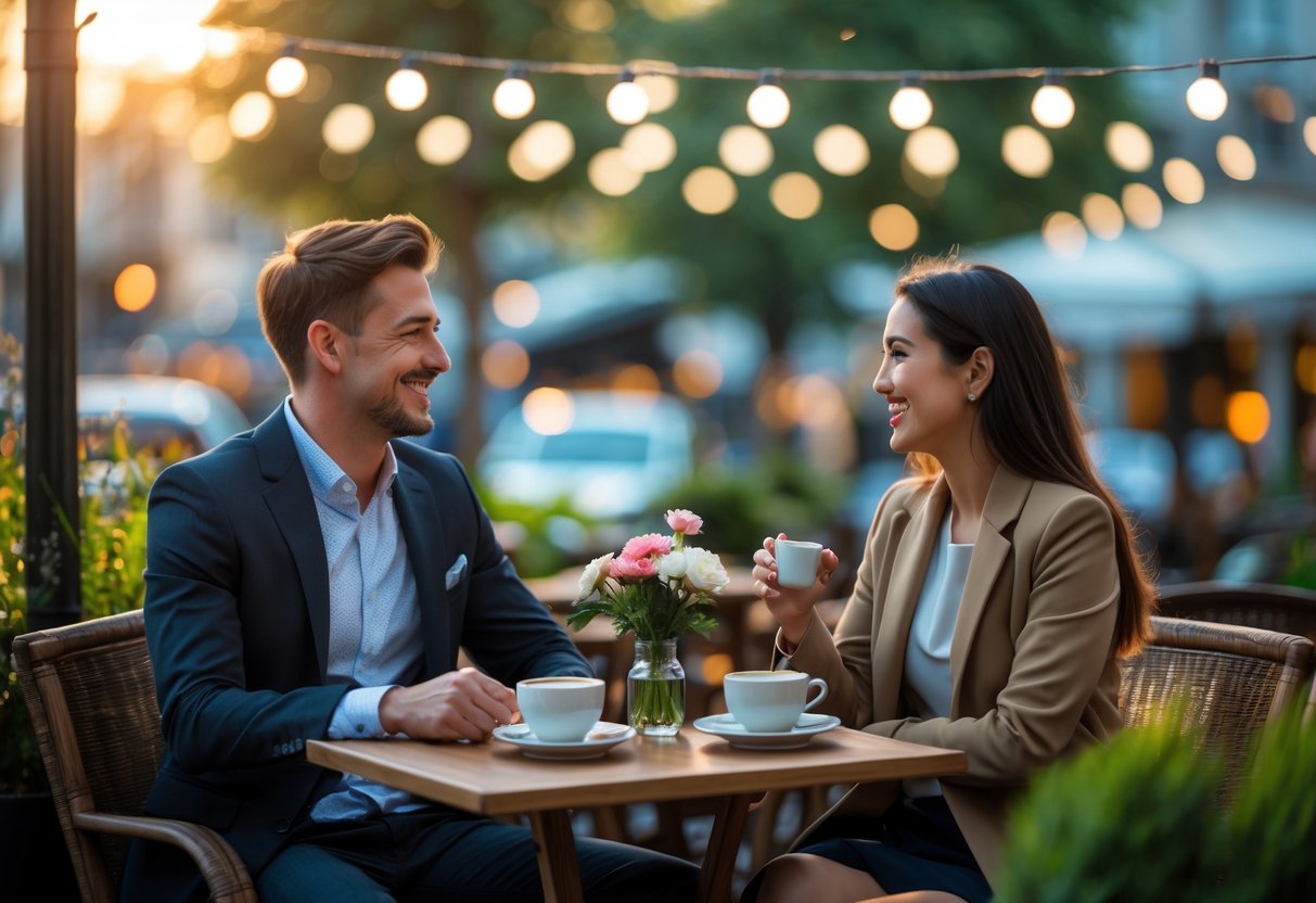 A young couple smiling and talking at a small café table outdoors during sunset.