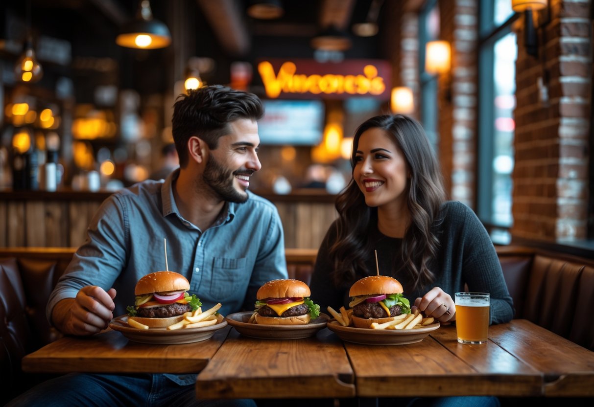A couple enjoying burgers together at a cozy restaurant table with warm lighting and rustic decor.