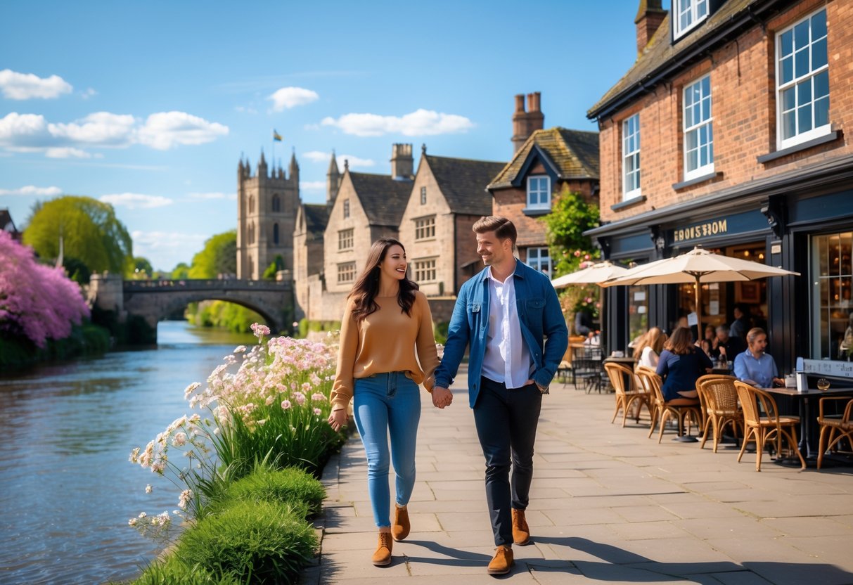 A young couple walking hand-in-hand along a riverside in Shrewsbury with historic buildings and a café in the background.