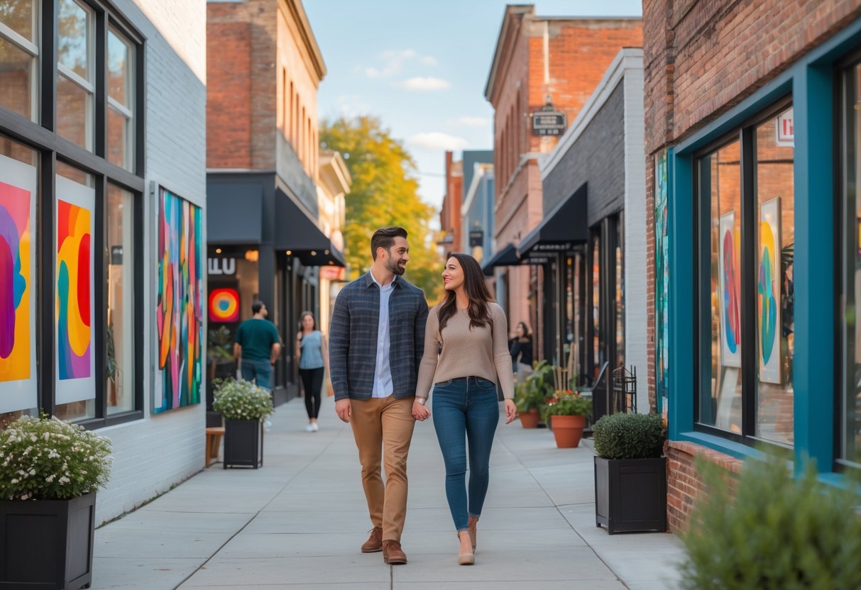 A young couple walking hand-in-hand along a street with art galleries and colorful murals in the NuLu neighborhood of Louisville.