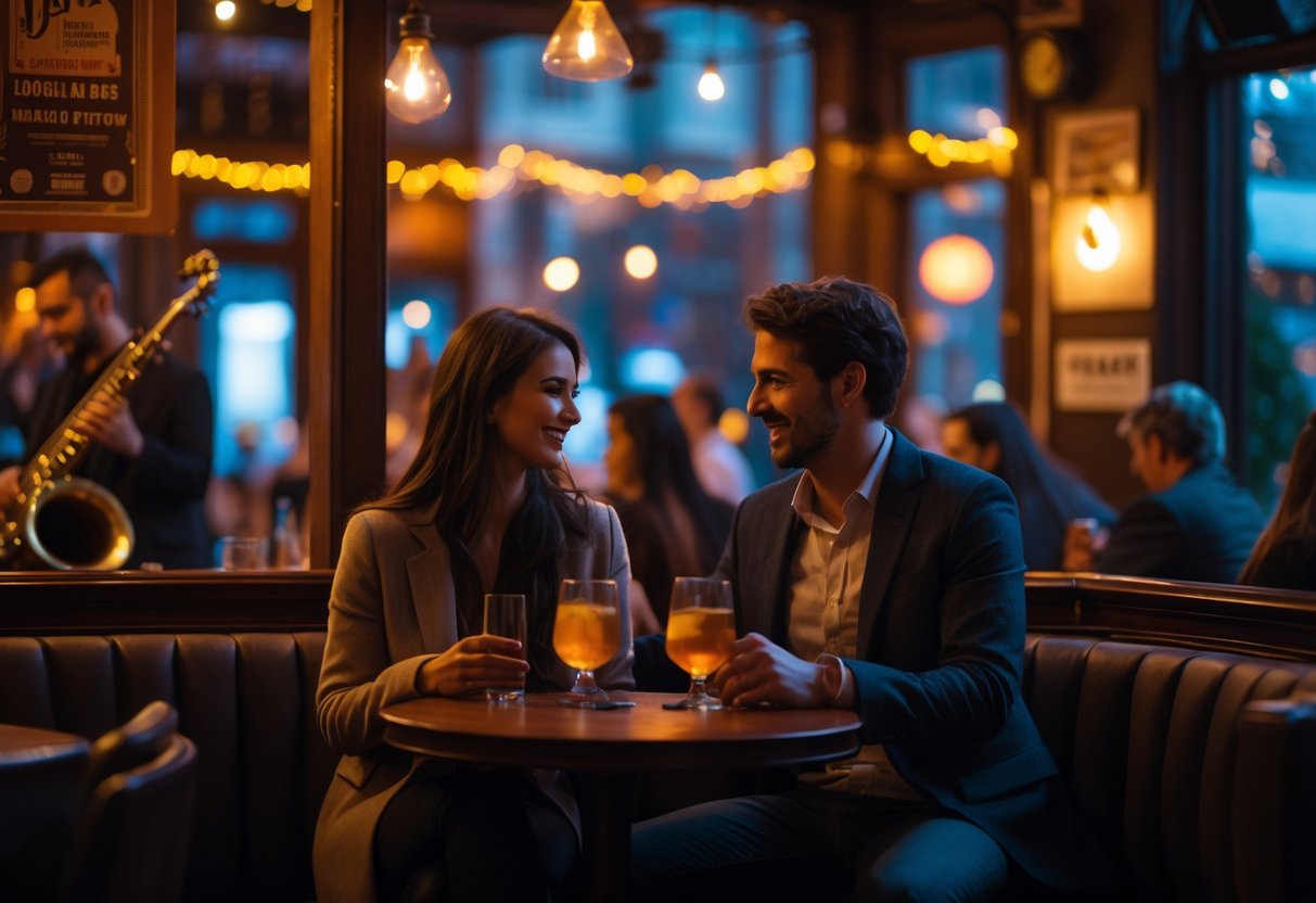 A couple sitting closely at a small table enjoying a live jazz or acoustic performance in a dimly lit club.