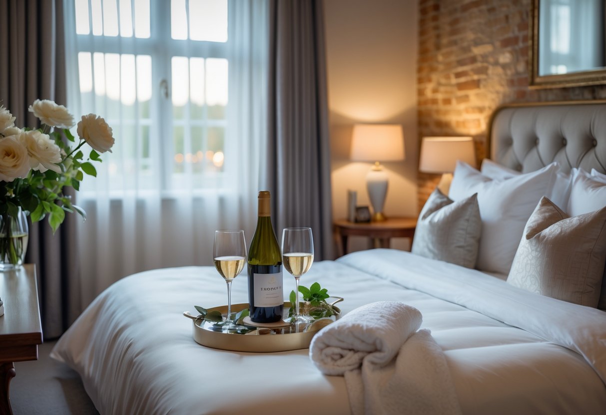 A cozy boutique hotel bedroom with a neatly made bed, fresh flowers, and a wine set on a bedside table.