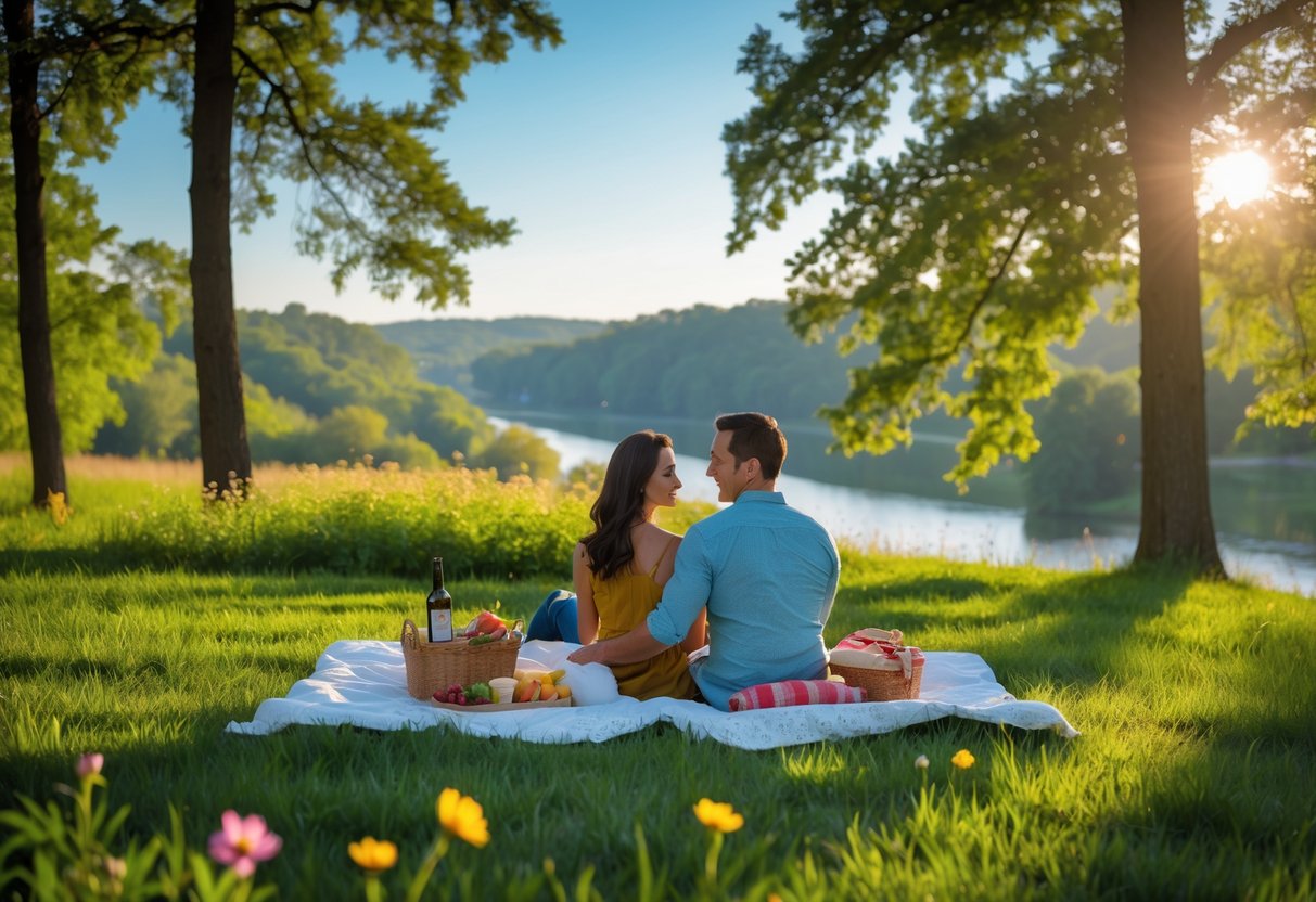 A couple having a picnic on a blanket in a green park with trees, flowers, and hills in the background.