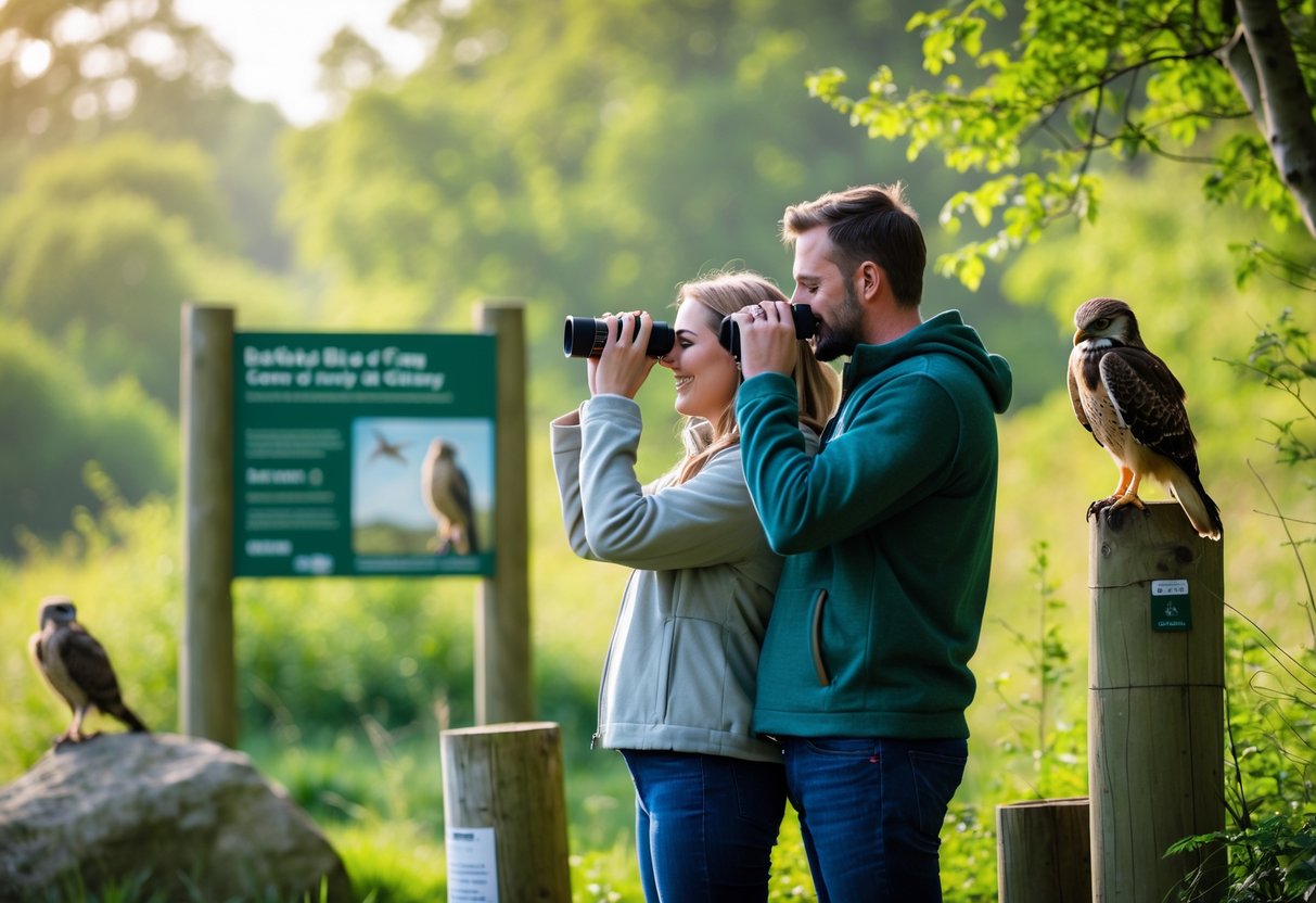 A couple bird watching together outdoors surrounded by trees and birds of prey perched nearby.