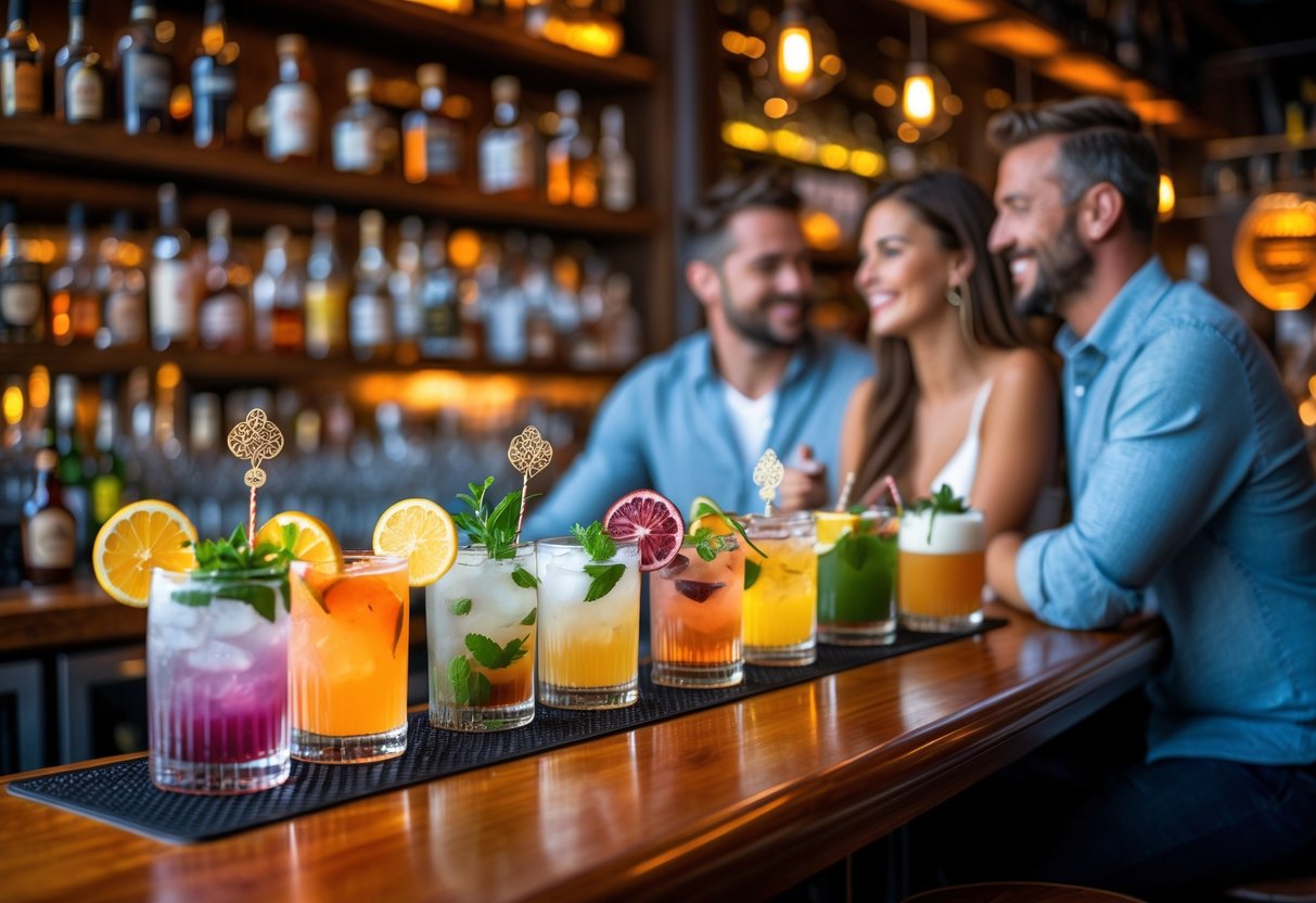A couple enjoying colorful craft cocktails at a cozy bar with warm lighting and bottles on shelves in the background.