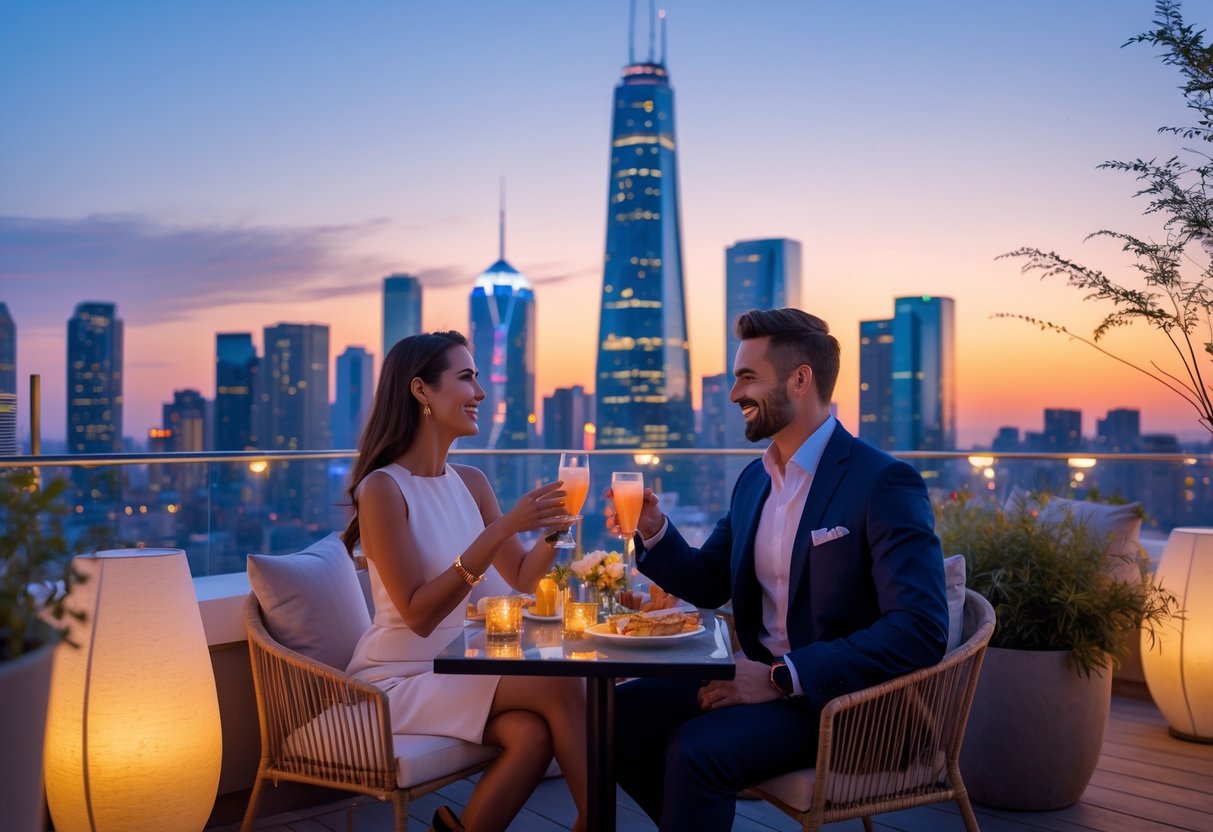 A couple enjoying drinks at a rooftop bar with city skyline views during sunset.