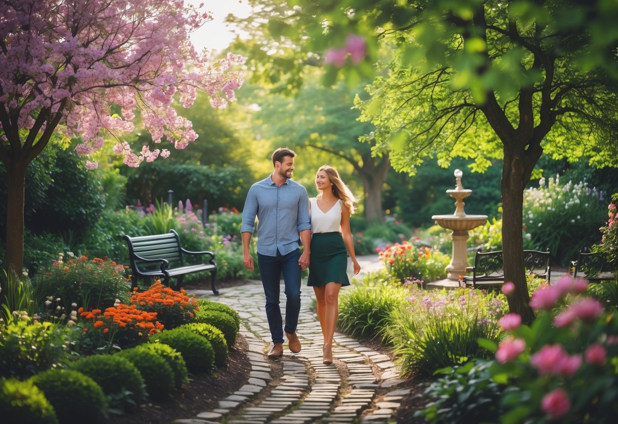 A young couple walking hand-in-hand along a cobblestone path in a lush garden with blooming flowers and trees.