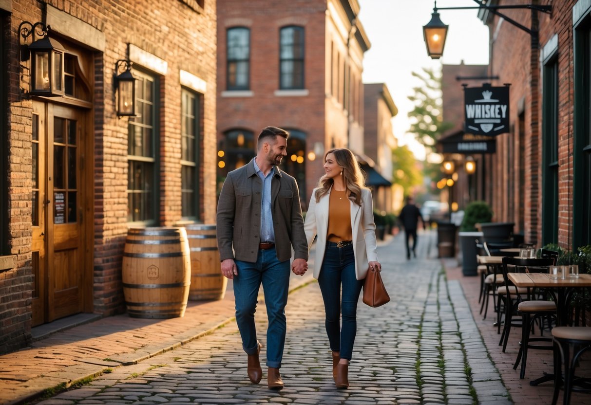 A couple walking hand-in-hand on a cobblestone street lined with historic brick buildings and outdoor cafés in Louisville's Whiskey Row district.