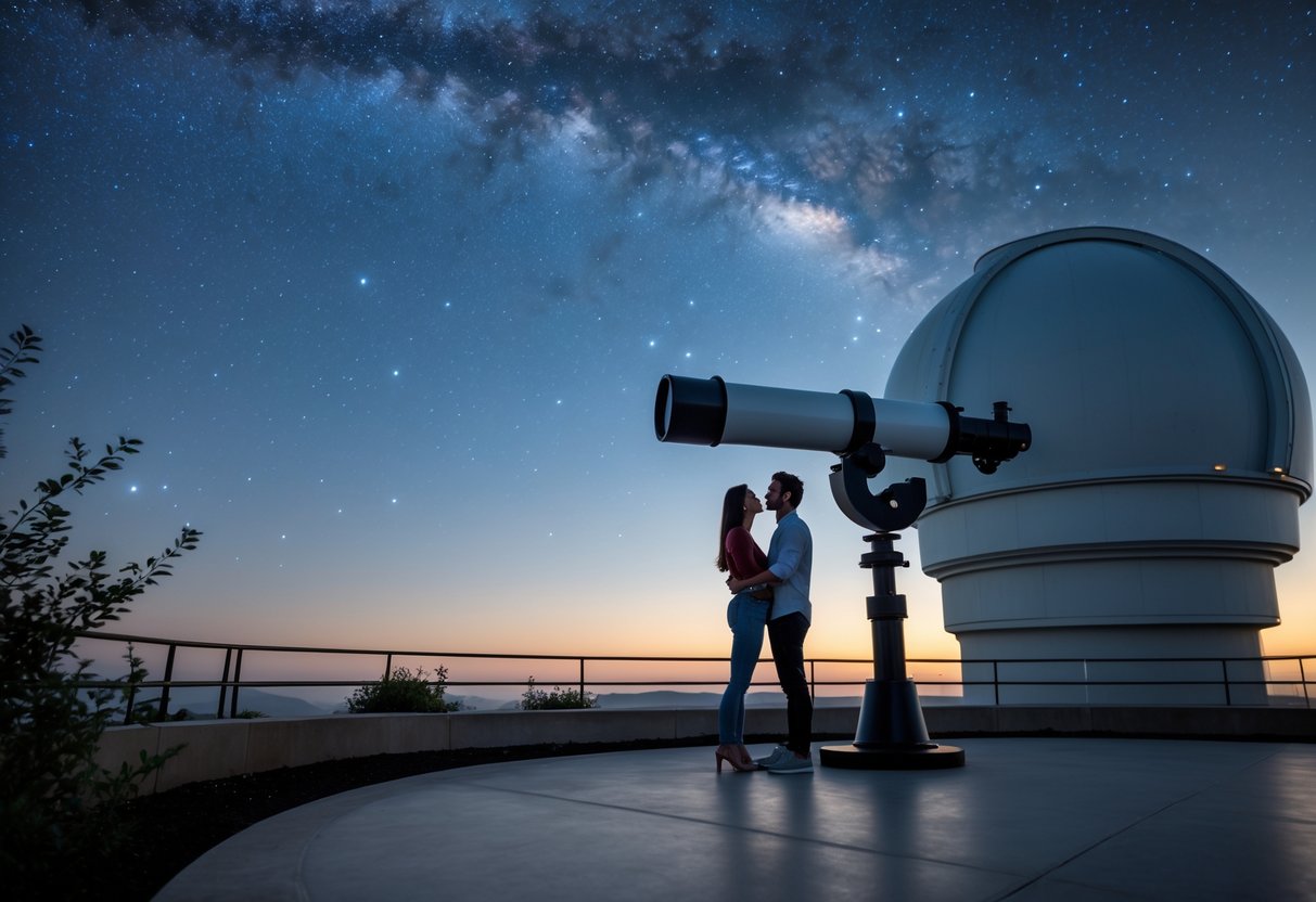A young couple standing together at an observatory, looking through a telescope at a starry night sky.