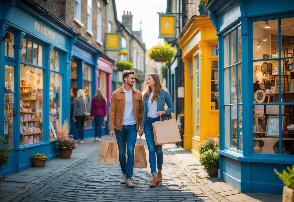 A young couple shopping together on a cobblestone street lined with colorful indie stores and unique window displays in Shrewsbury.