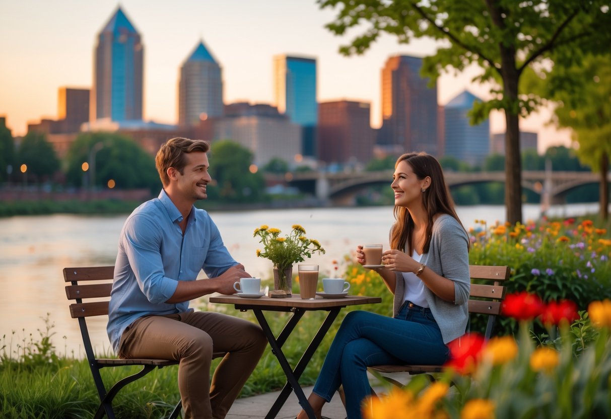 A young couple sitting at a small outdoor table near a river with a city skyline in the background, smiling and enjoying a casual date.