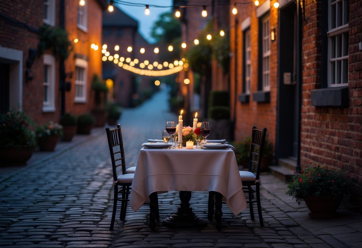 A candlelit dinner table set on a cobbled street with warm lights and historic buildings in the background.