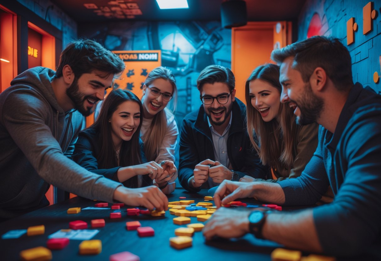 A group of young adults working together on puzzles inside an escape room, showing excitement and teamwork.