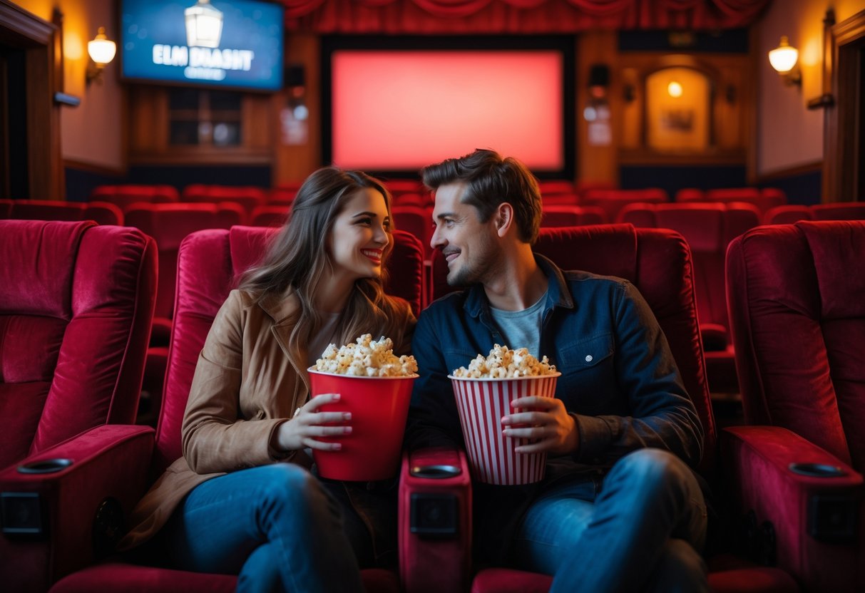 A young couple sitting together in a cozy cinema auditorium, sharing popcorn and drinks during a movie night.