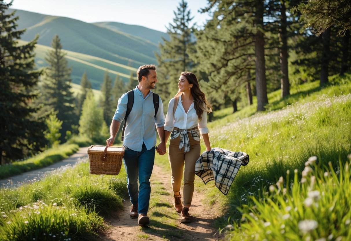 A couple hiking on a forest trail carrying a picnic basket and blanket, surrounded by trees and wildflowers on a sunny day.