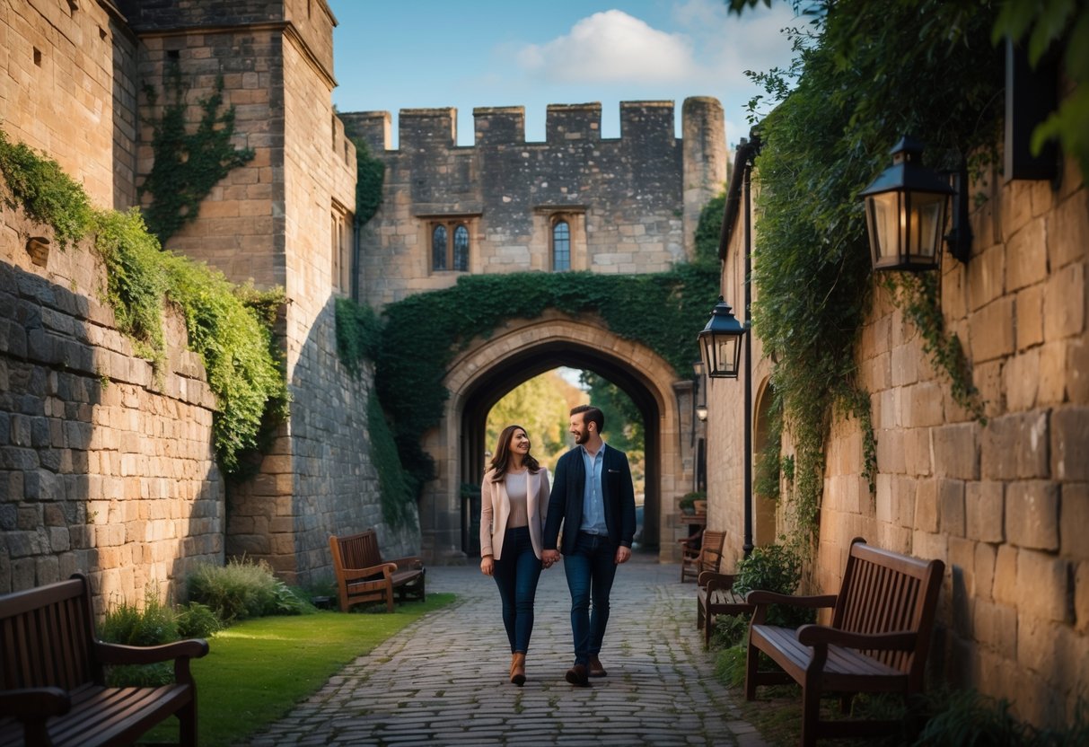 A young couple walking hand-in-hand along a cobblestone path surrounded by historic stone walls at The Armoury in Shrewsbury.