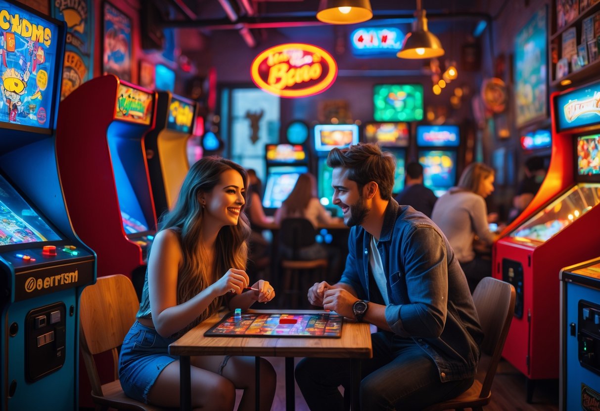 A young couple playing a board game together inside a vintage arcade and board game café with colorful arcade machines around them.