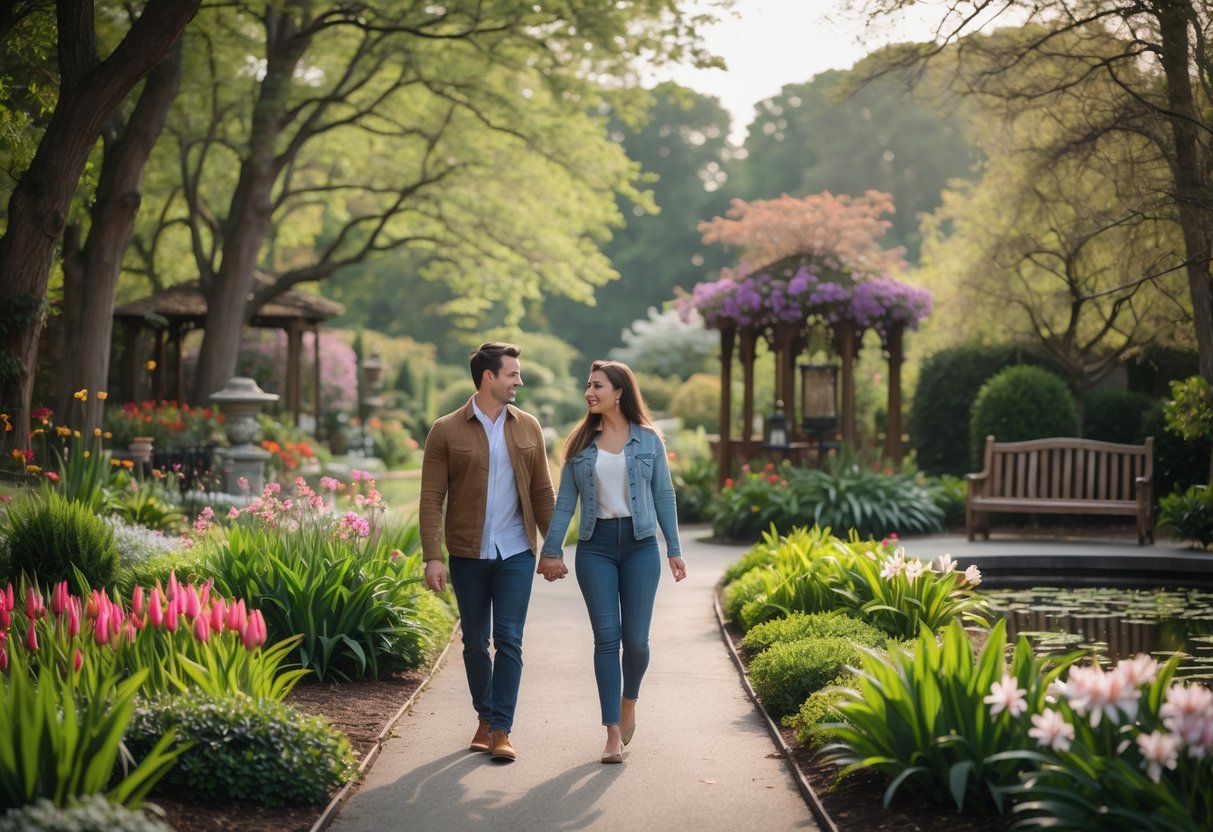 A young couple walking hand-in-hand along a flower-lined pathway in a lush botanical garden with trees, a pond, and a bench nearby.