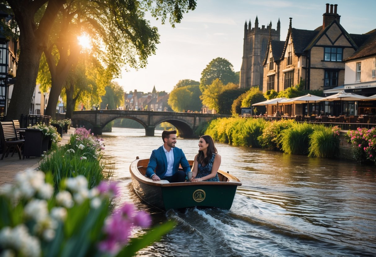 A young couple enjoying a boat ride on a river with historic buildings and greenery in the background.