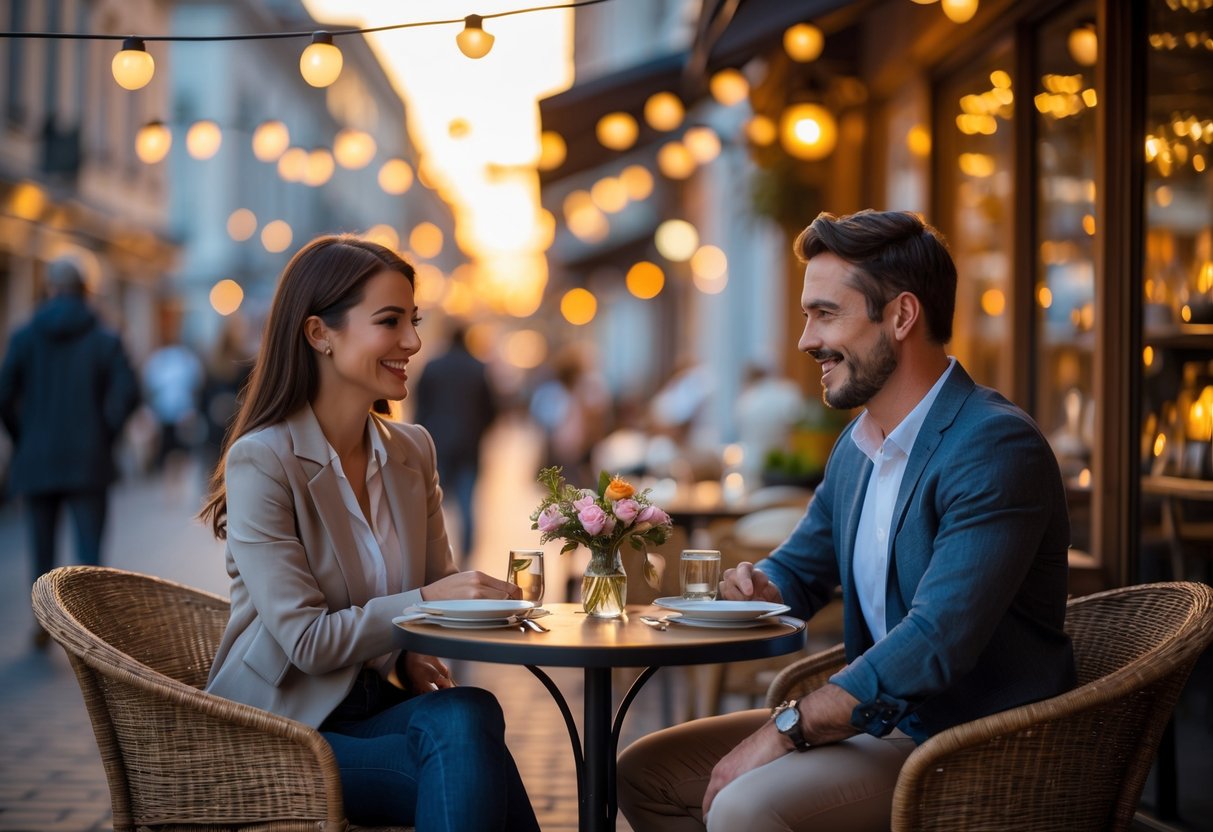 A man and a woman sitting at a small outdoor café table, smiling and talking during a warm evening.